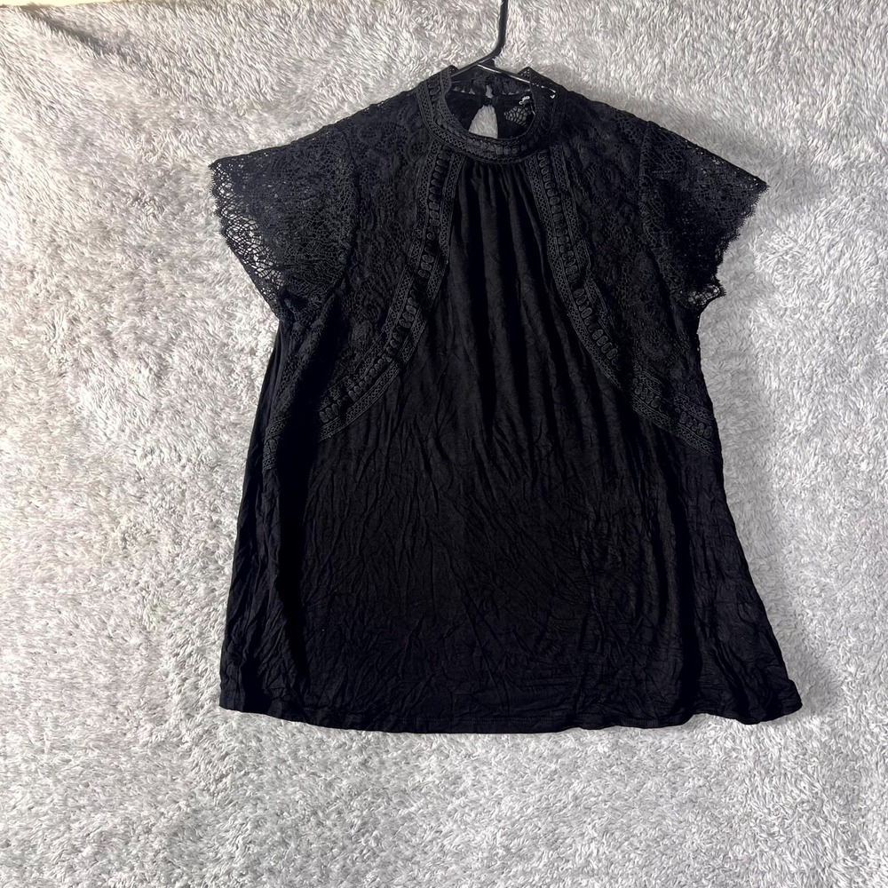 Cable and Gauge Blouse Top Womens Medium Black Stretch Crochet Lace Detail